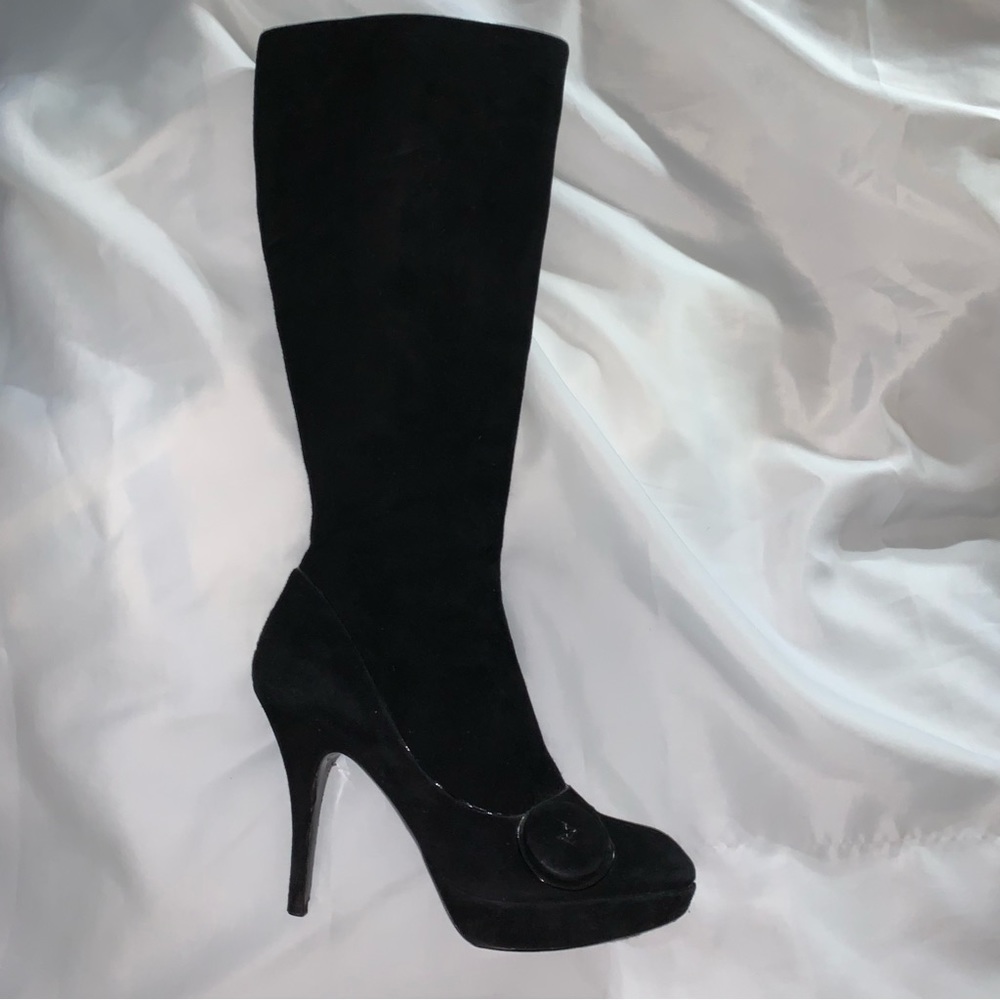 LOUIS VUITTON size 37.5 black SUEDE platform stilleto BOOTS w/patent leather - Picture 1 of 12
